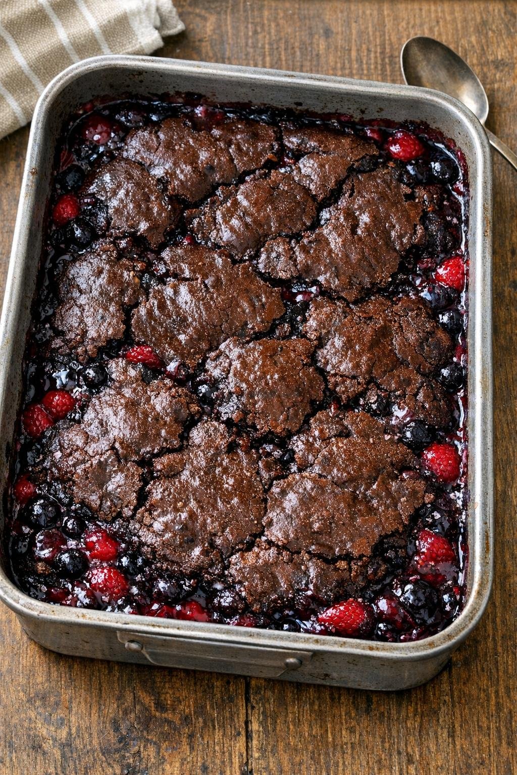 Finished brownie berry cobbler in a roasting pan