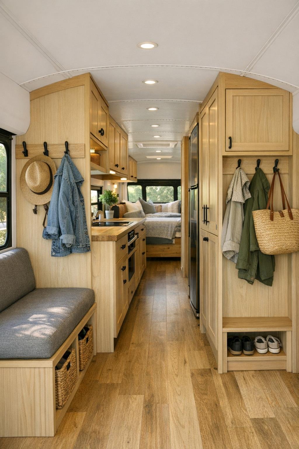 Smart entry and hallway storage inside a converted shuttle bus