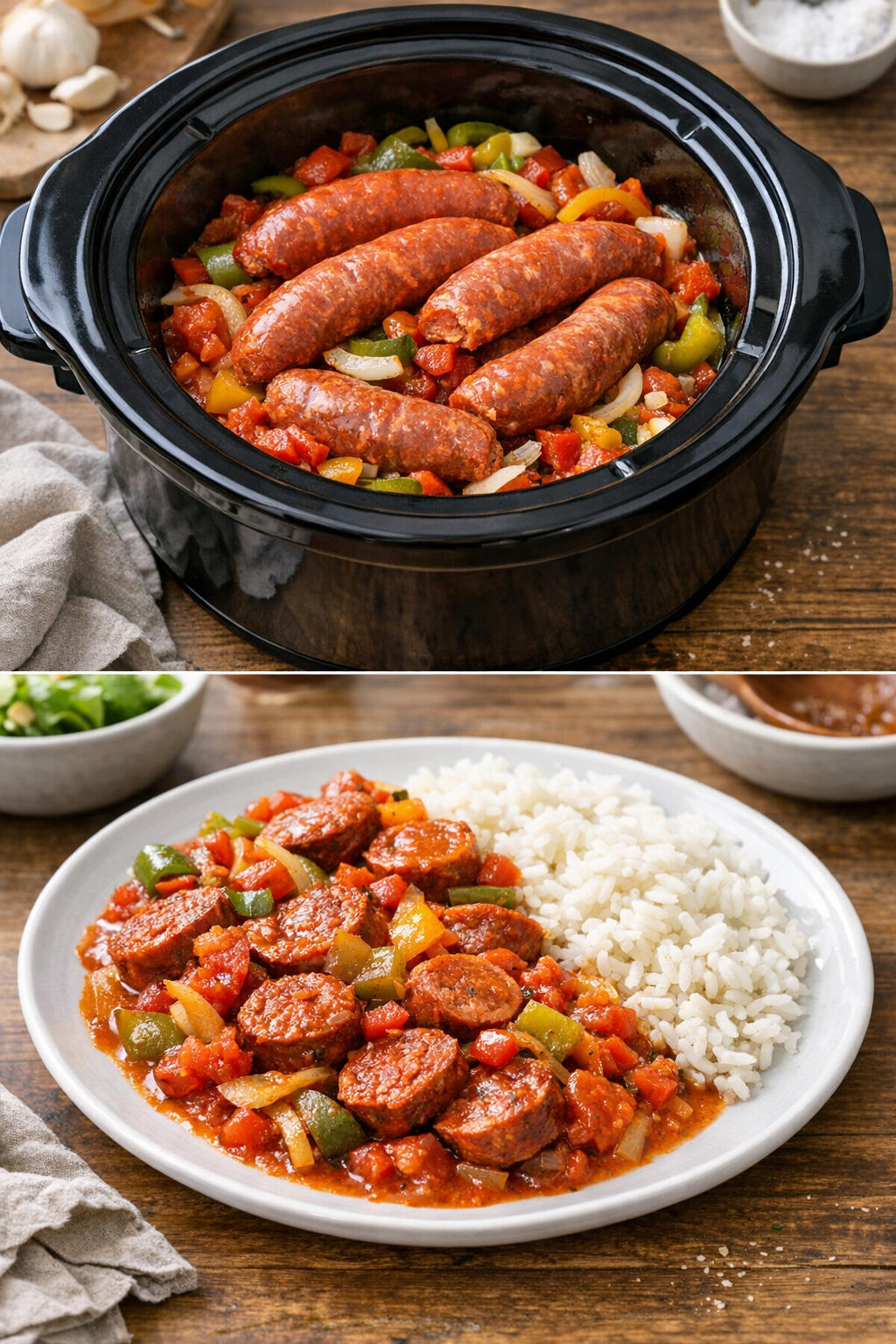 Finished slow cooker pork chorizo feast plated for dinner