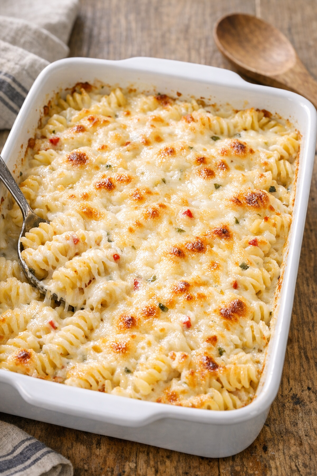 Milder baked rotini with mozzarella and pepper jack