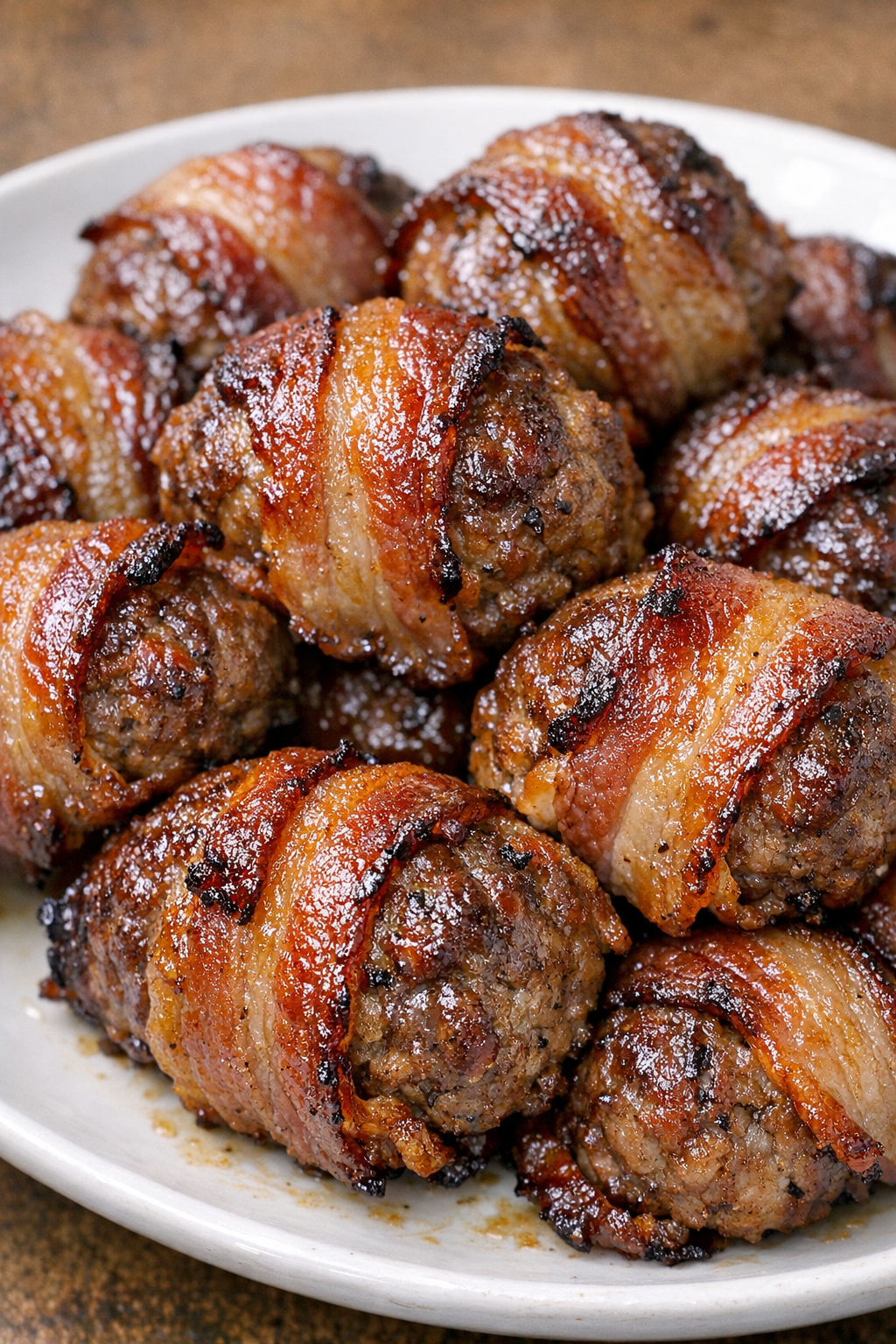 Low carb bacon meatball bombs on a white plate