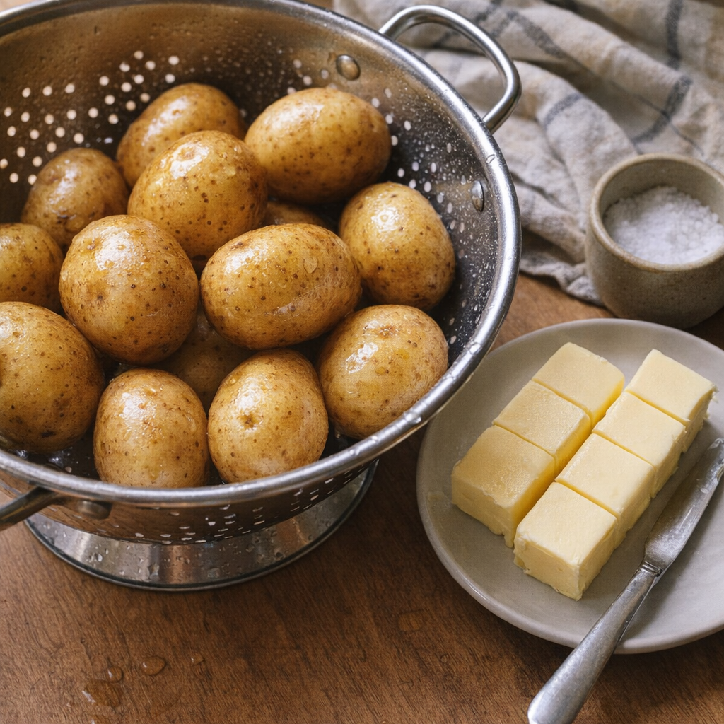 Whole golden potatoes and butter on a kitchen counter