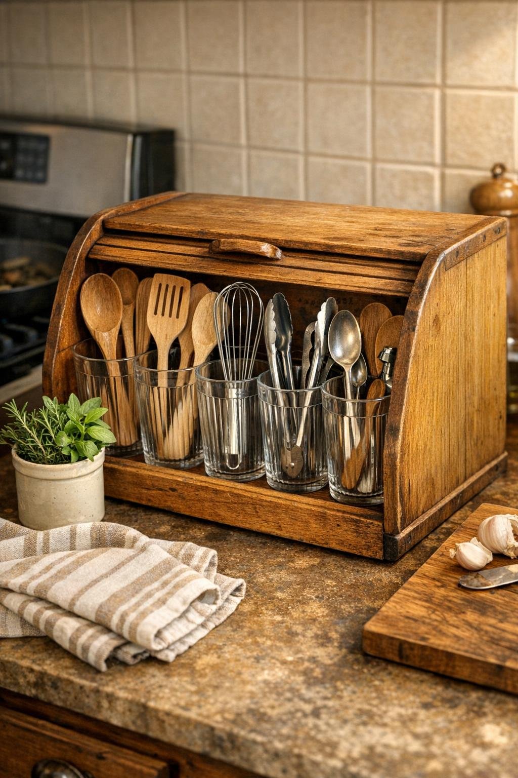 Finished kitchen utensil divider made from glasses inside a wooden bread box