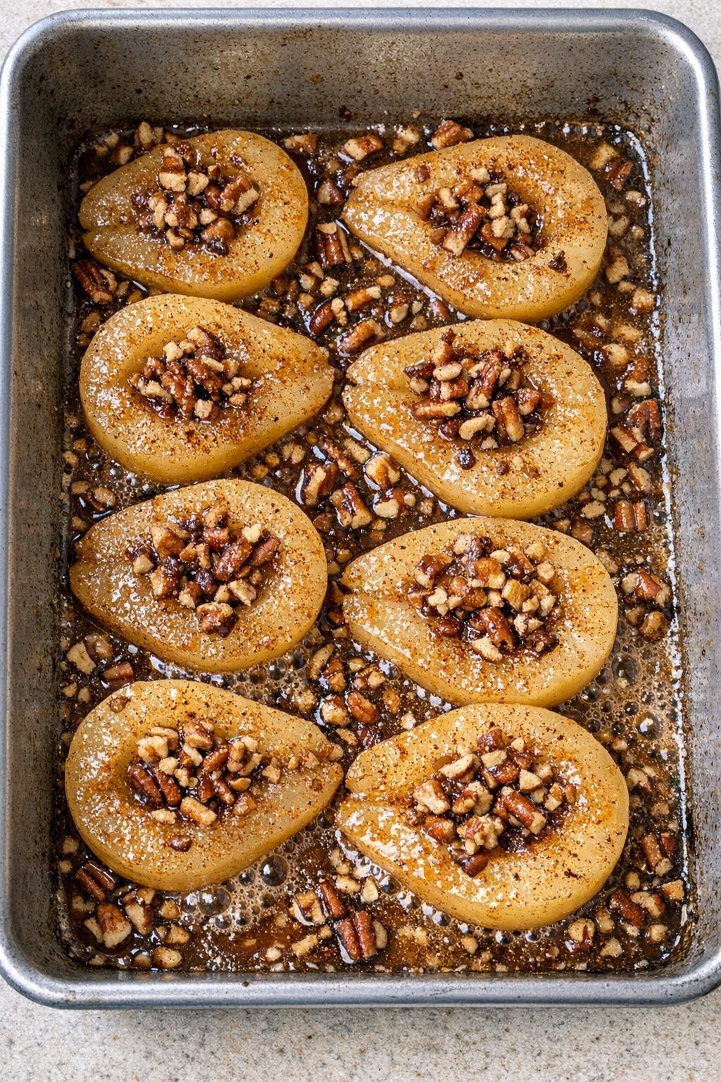 Baked pear dessert in a roasting pan