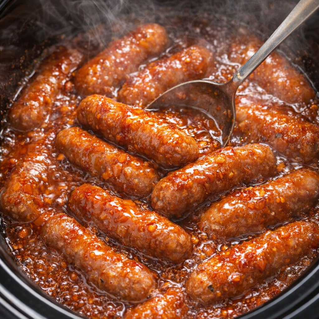 Sausages halfway cooked in thickening glaze