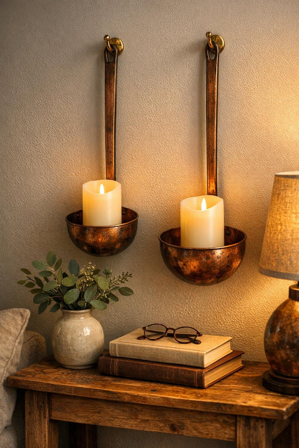 Finished rustic candle sconces made from copper soup ladles in a living room