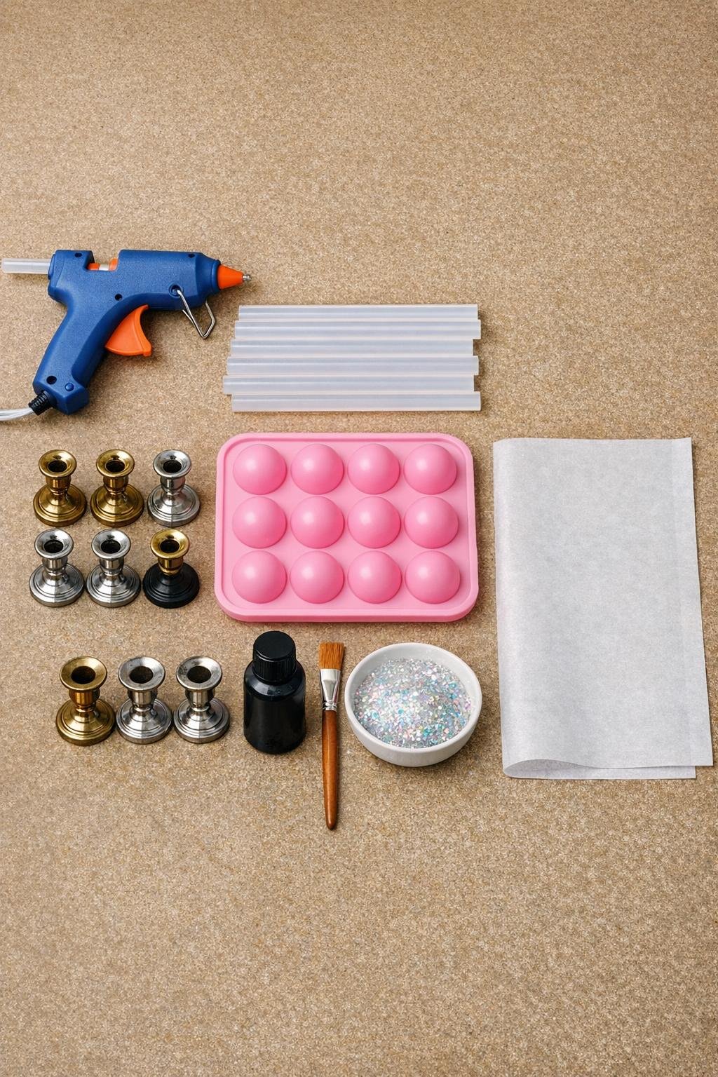 Craft materials laid out for mini witch crystal balls