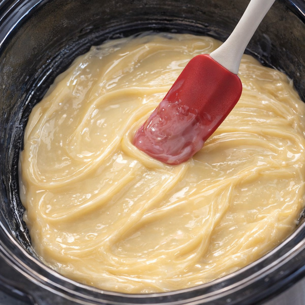 Sweetened condensed milk spread into a slow cooker