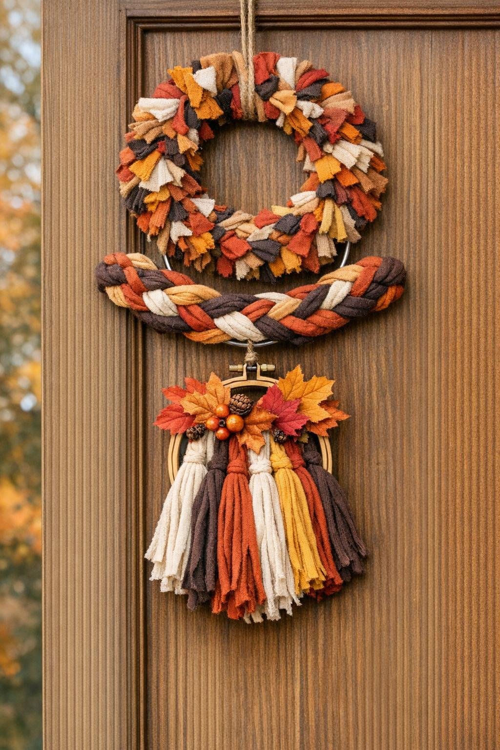 Finished autumn door hanging made from old cotton t-shirts