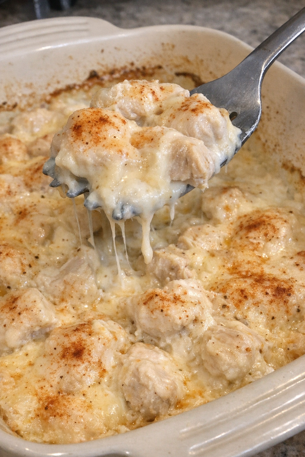Chicken Romanoff served from baking dish