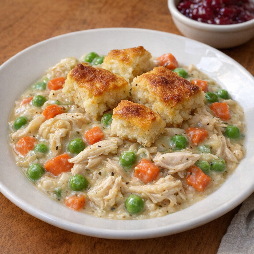 Finished chicken pot pie filling served with biscuit topping and a side of cranberry sauce