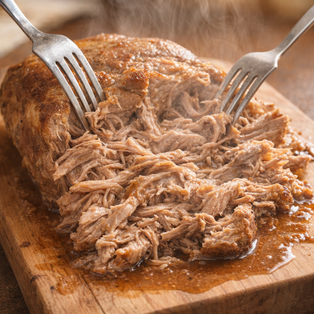 Tender cooked pork roast being shredded with forks