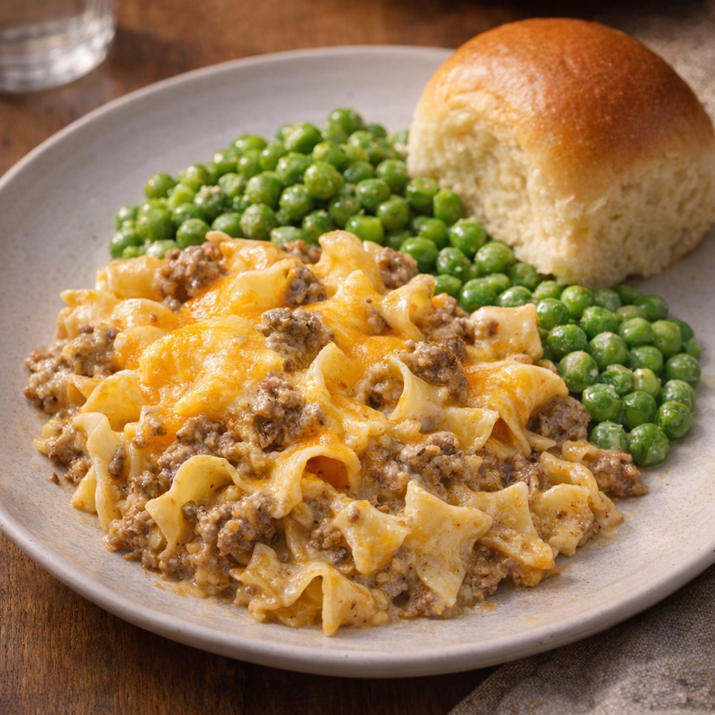 Finished yummasetti plated with peas and dinner rolls