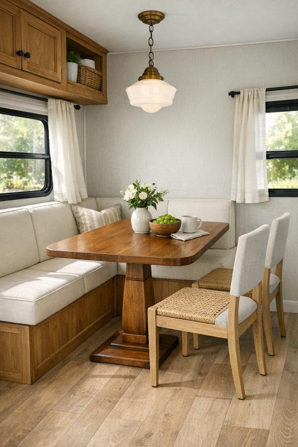 Cozy RV dining nook with a wood pedestal table and cream banquette seating