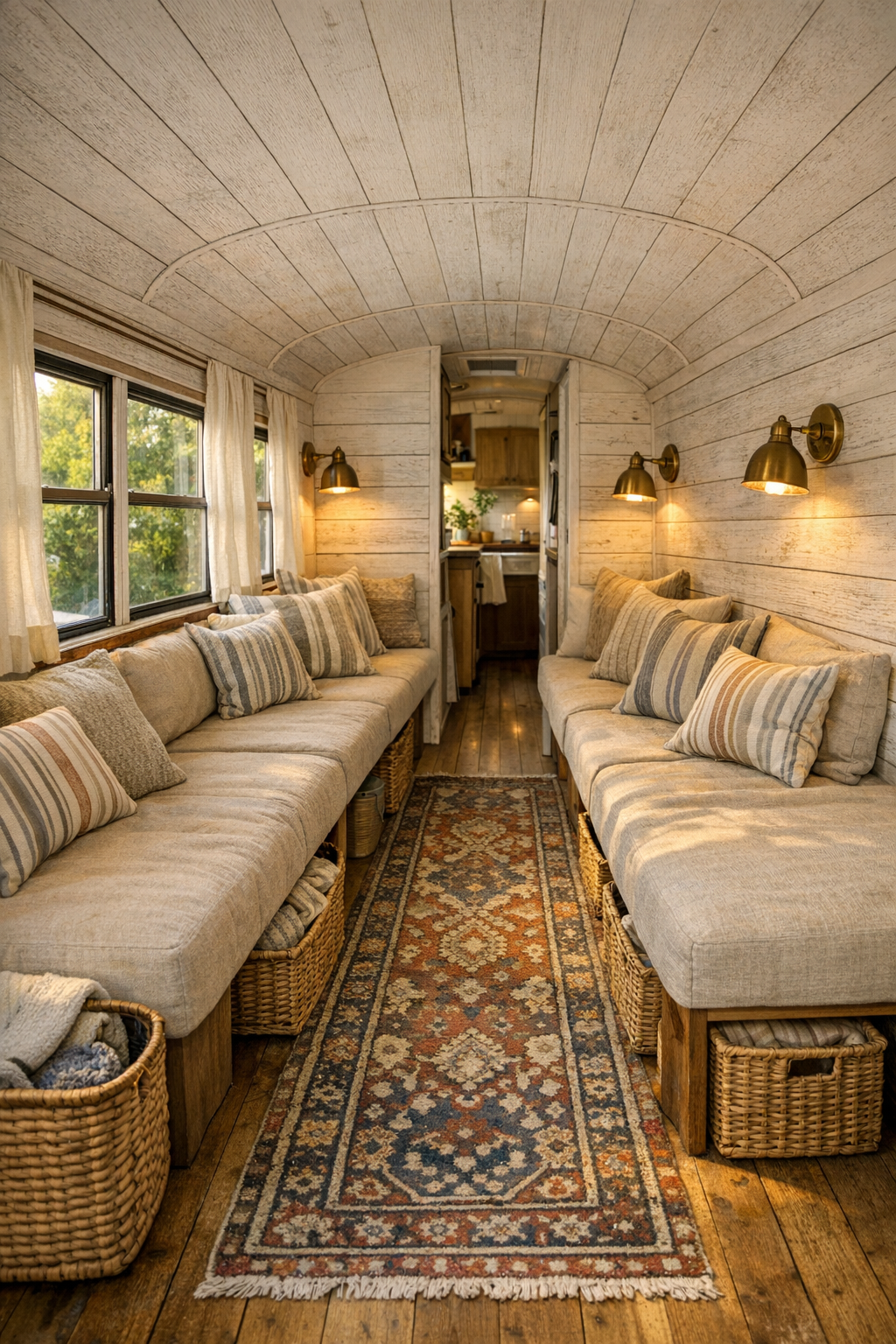 Cozy bus living room with built-in bench seating and whitewashed wood walls