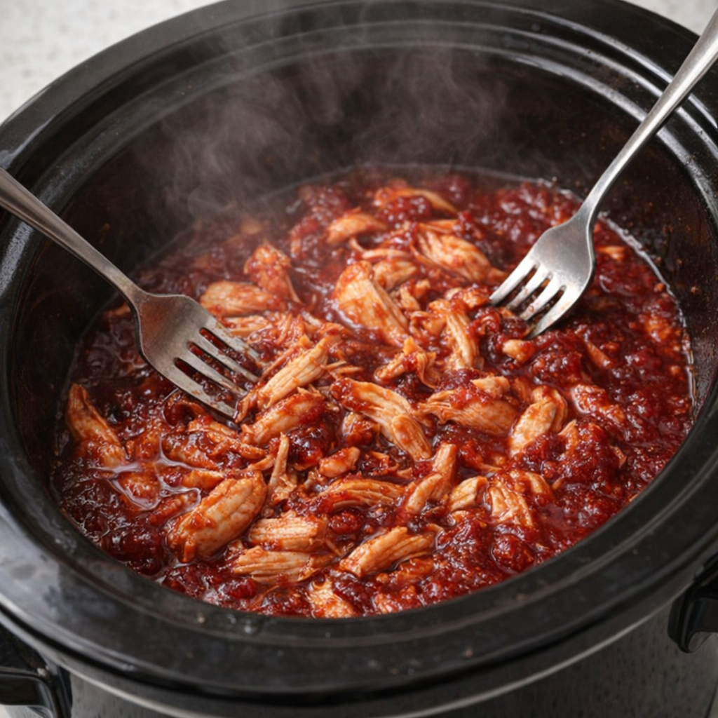 Cooked cranberry chicken being shredded in the slow cooker