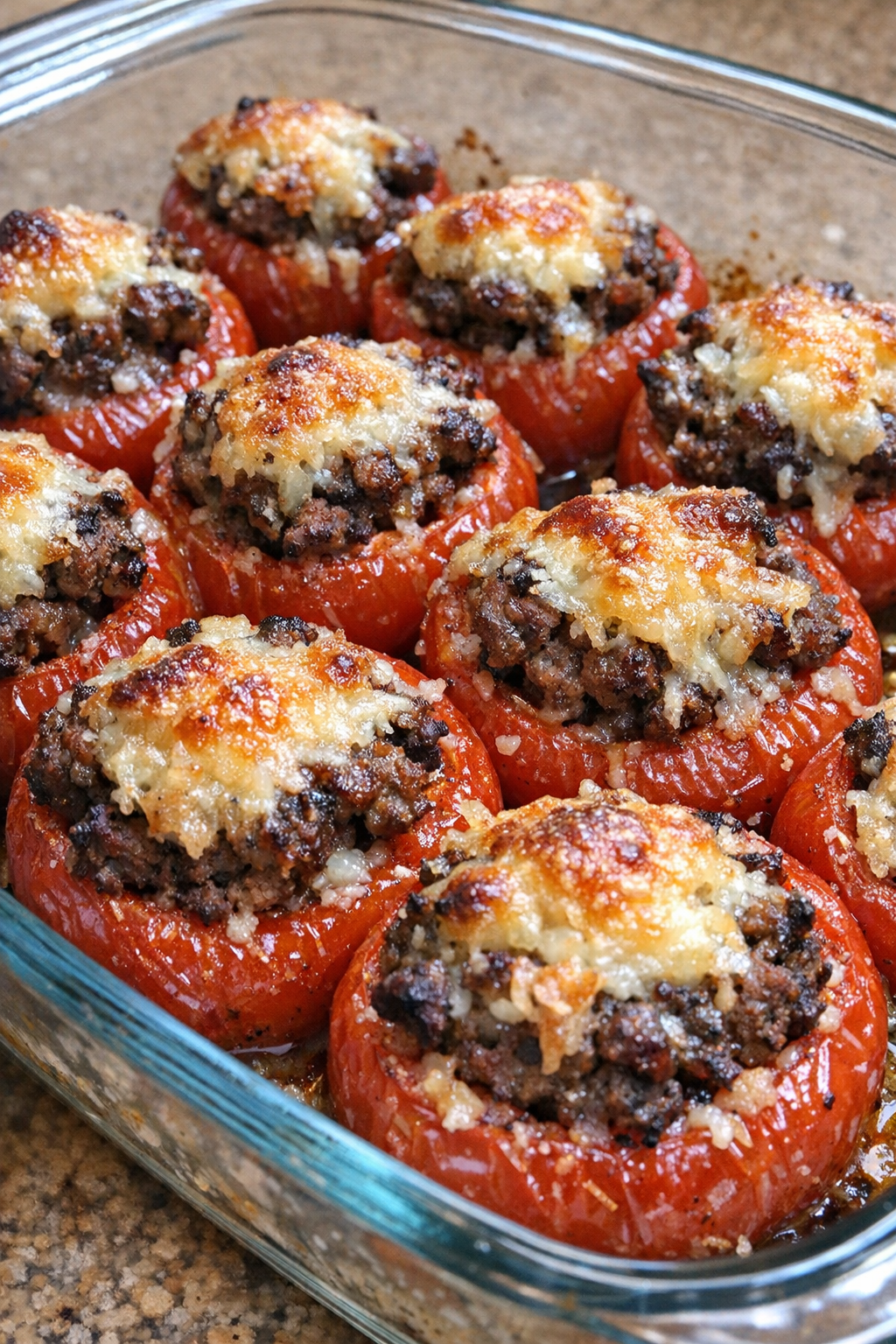 Oven baked beef stuffed cherry tomatoes in a glass casserole dish