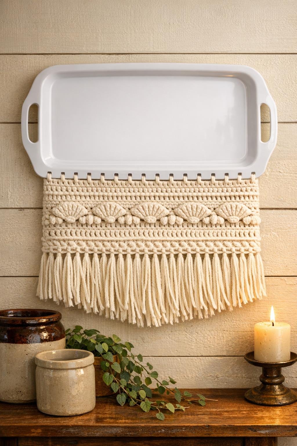 Completed crochet wall hanging made from a white plastic serving tray