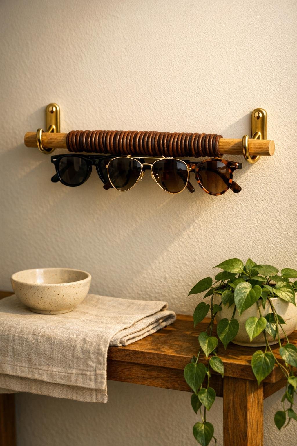 Finished leather cord sunglasses holder mounted between brass hooks in an entryway