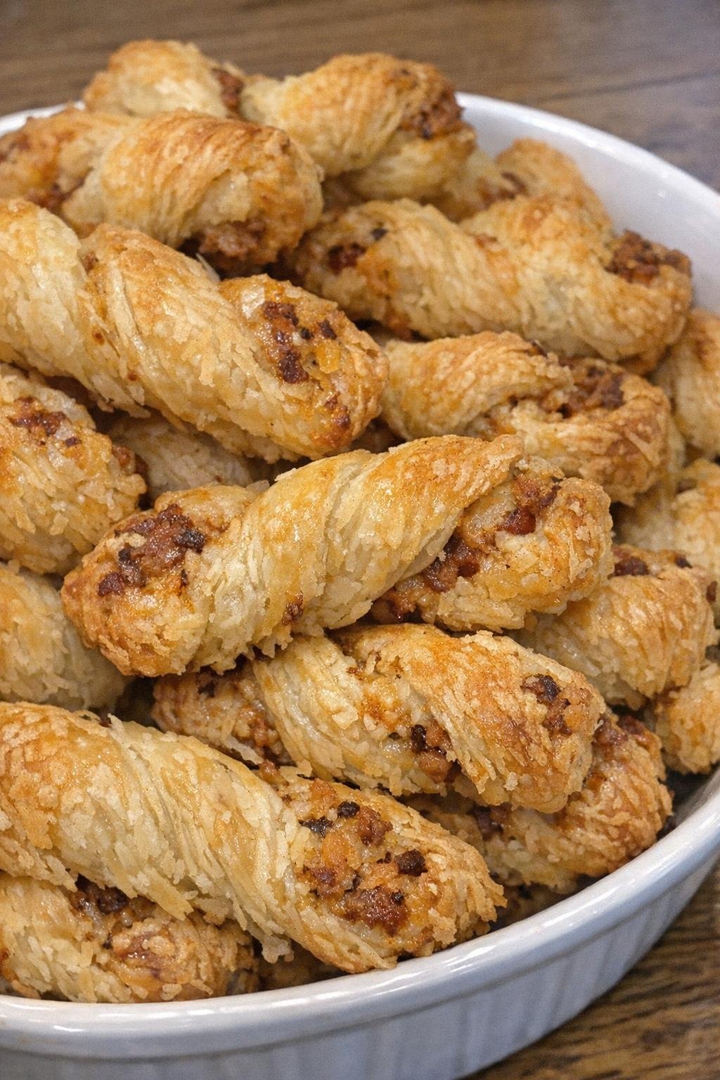 Golden flaky savory pastry twists piled in a serving dish