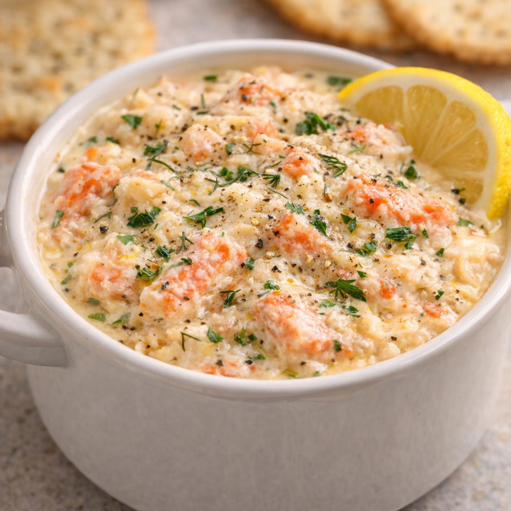 Finished crab butter dip garnished with herbs and lemon