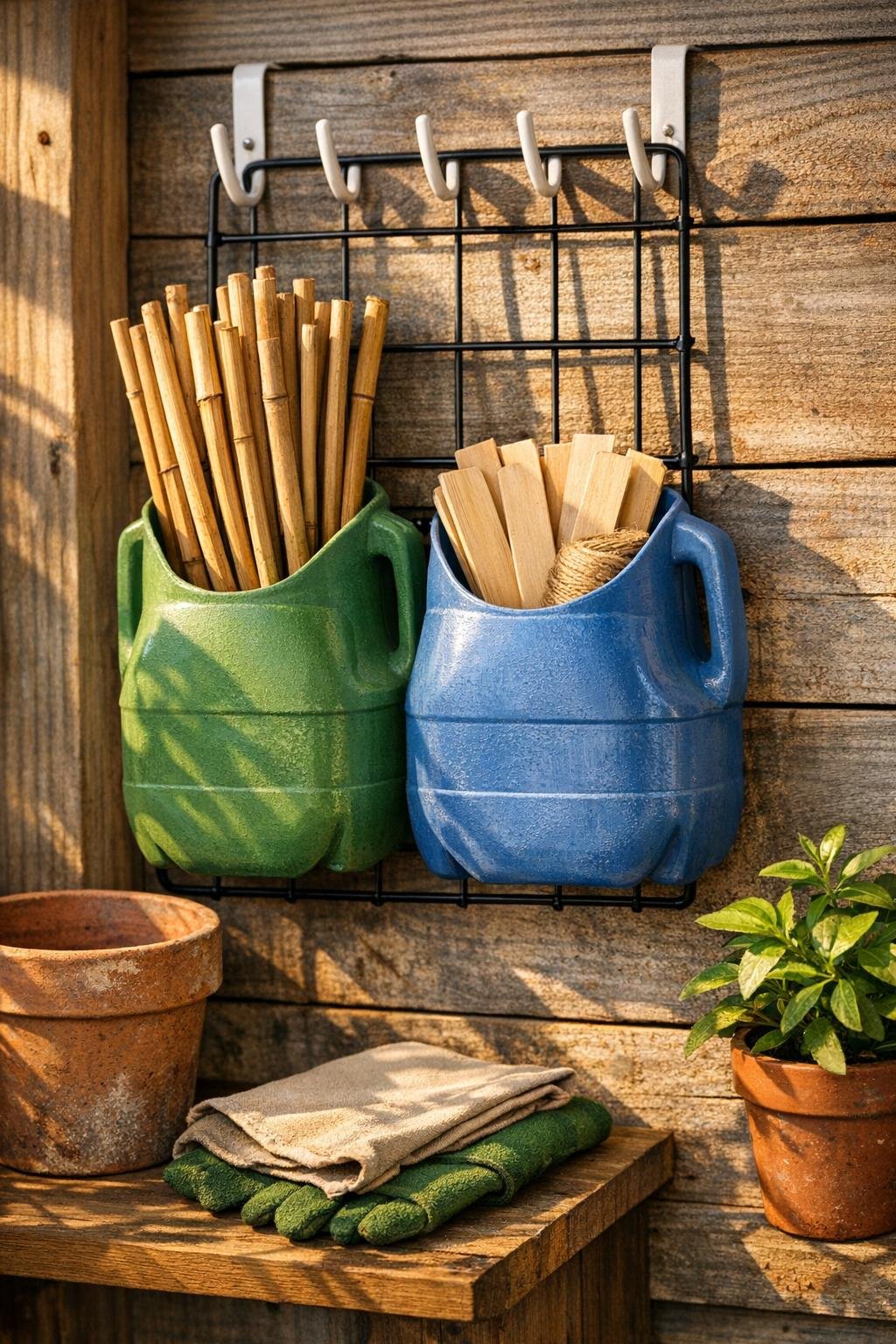 Finished garden stake organizer made from cut milk jugs