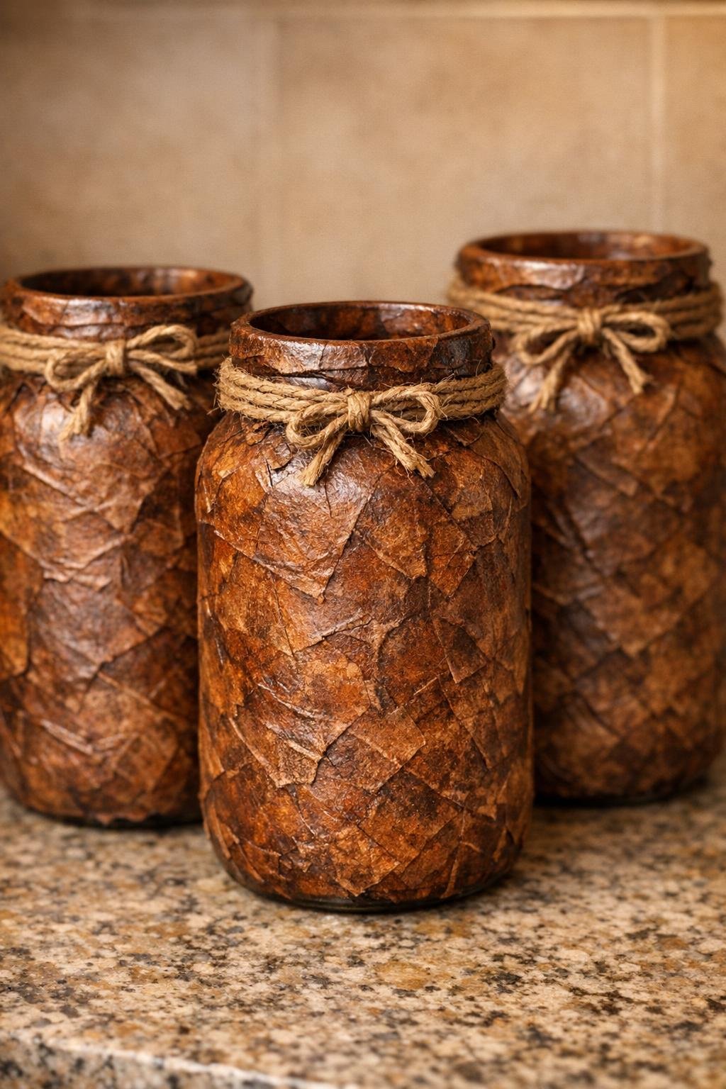 Finished stained jars with jute twine tied around the necks
