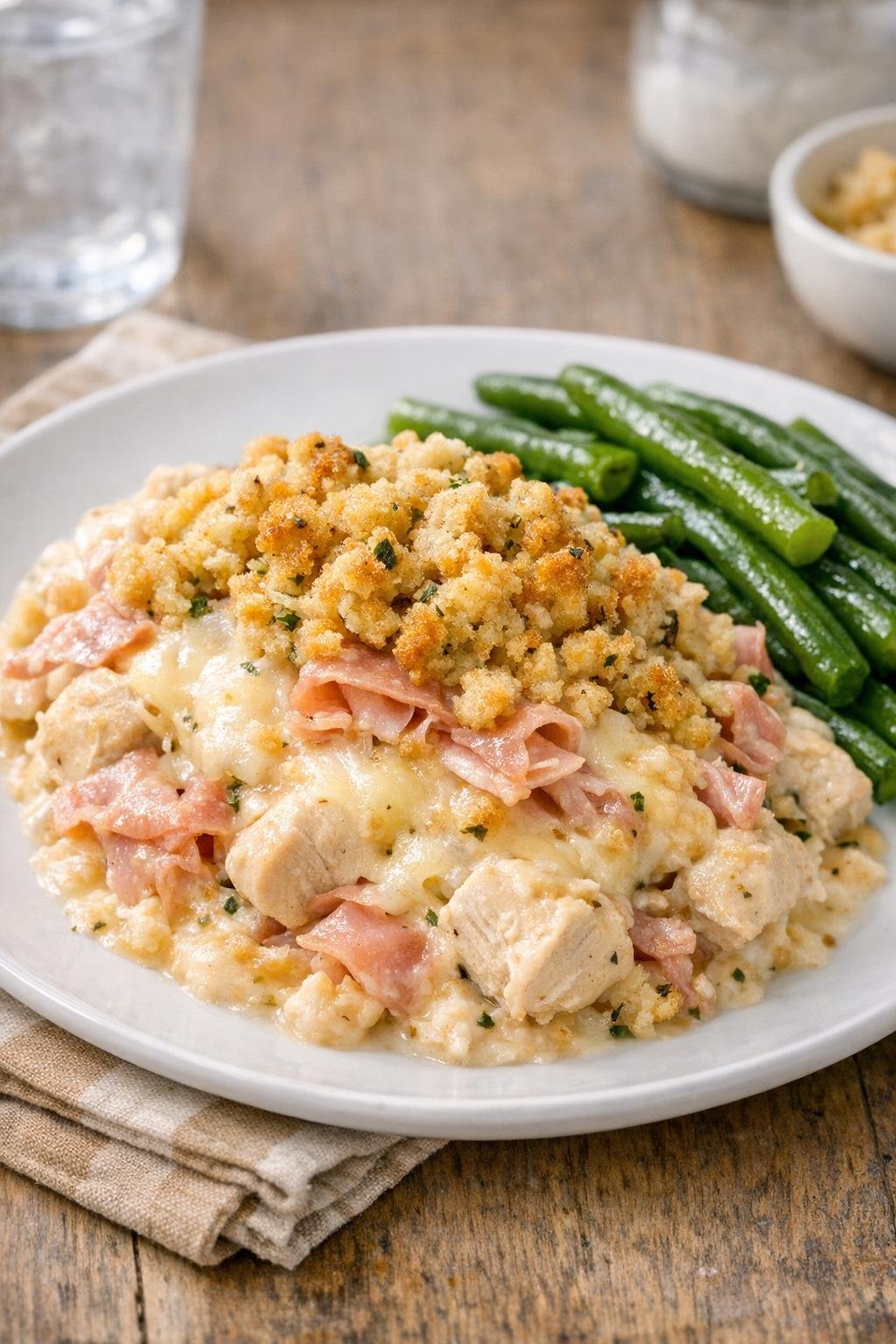 Finished chicken cordon bleu casserole plated on a dinner plate