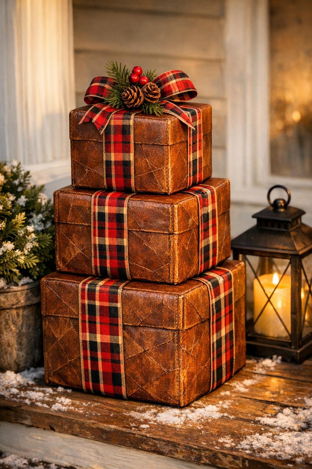 Finished faux leather gift box stack styled for holiday decor