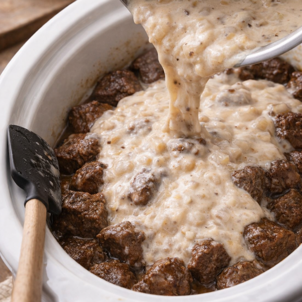 Creamy mushroom mixture poured over beef in slow cooker