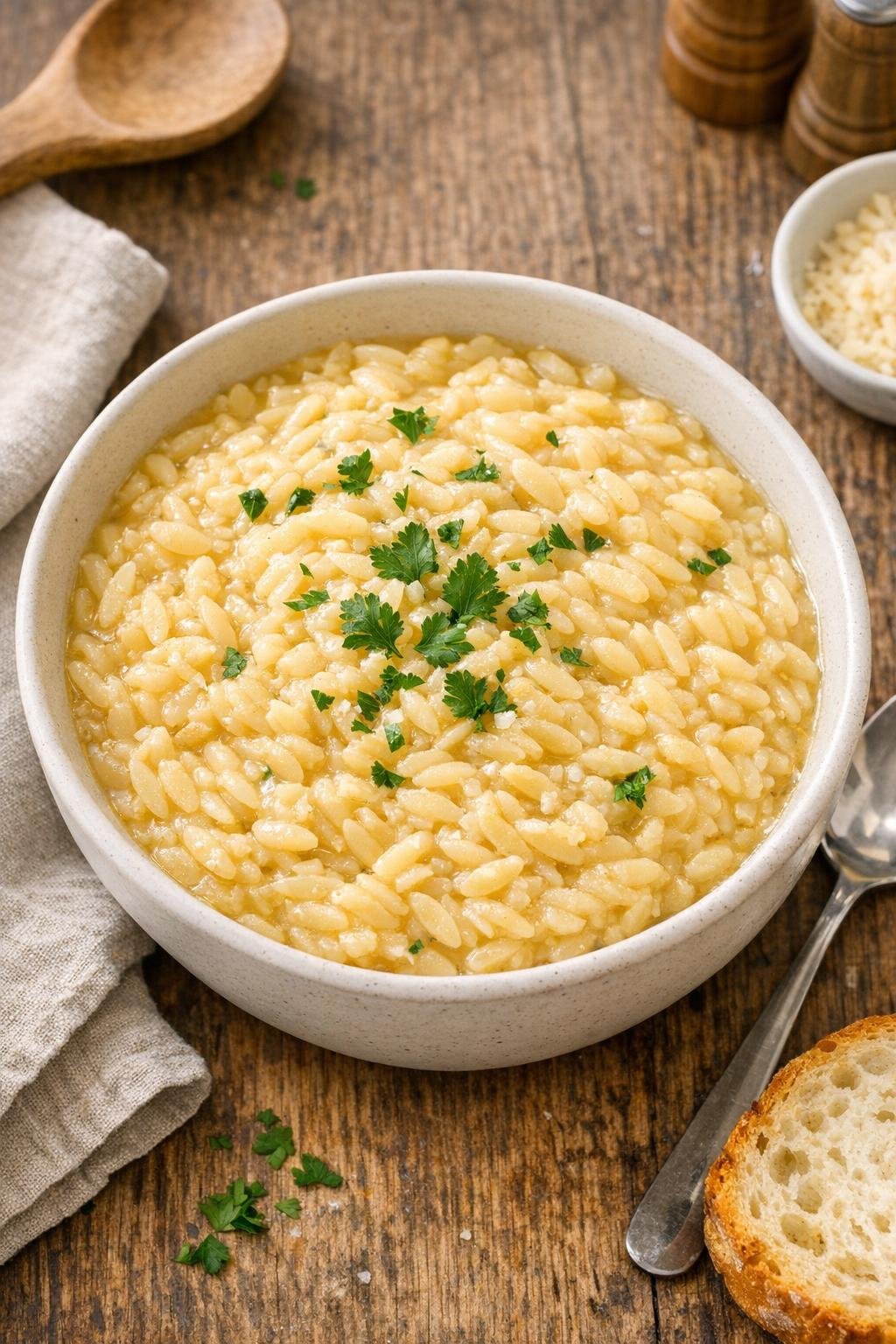 Romige orzo gemaakt met groentebouillon.