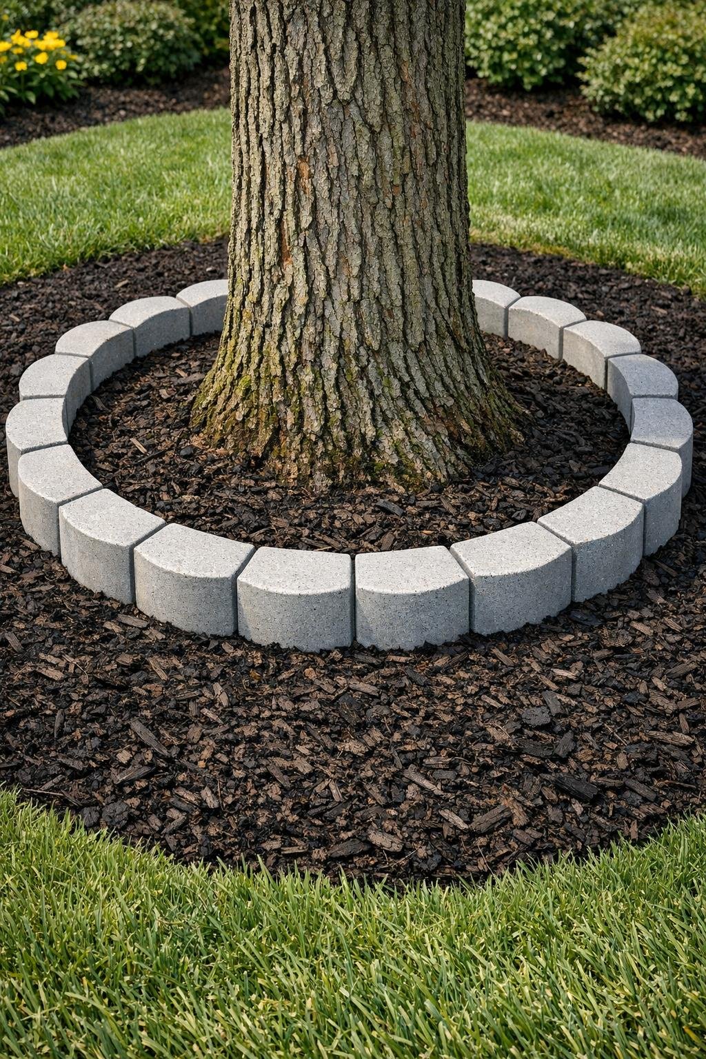 Finished scalloped concrete tree ring around a landscaped tree