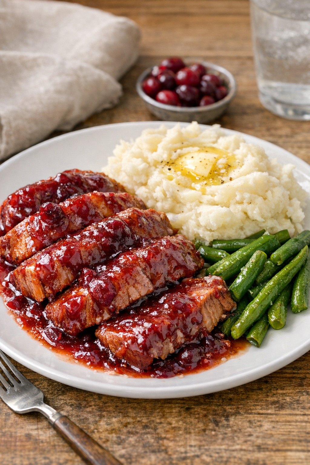Finished cranberry pork plated with sauce
