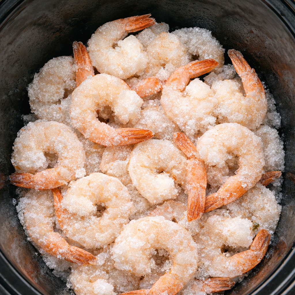 Frozen shrimp in a slow cooker before cooking