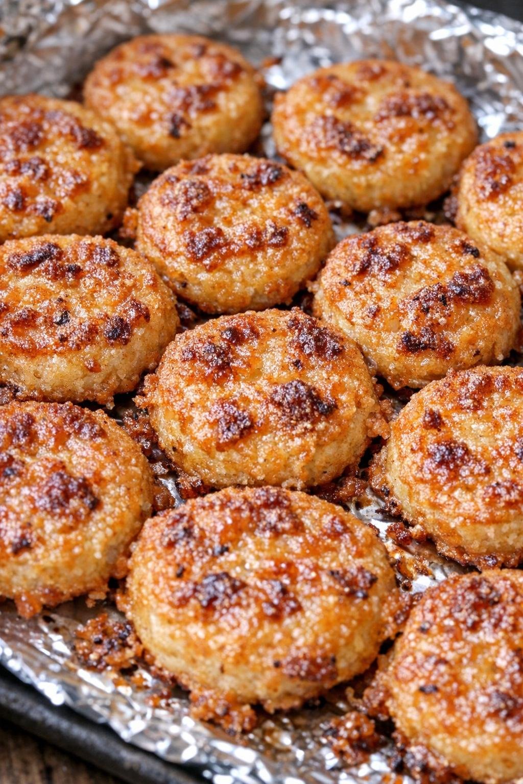 Southern 3-ingredient crispy biscuit pennies on a foil-lined baking tray