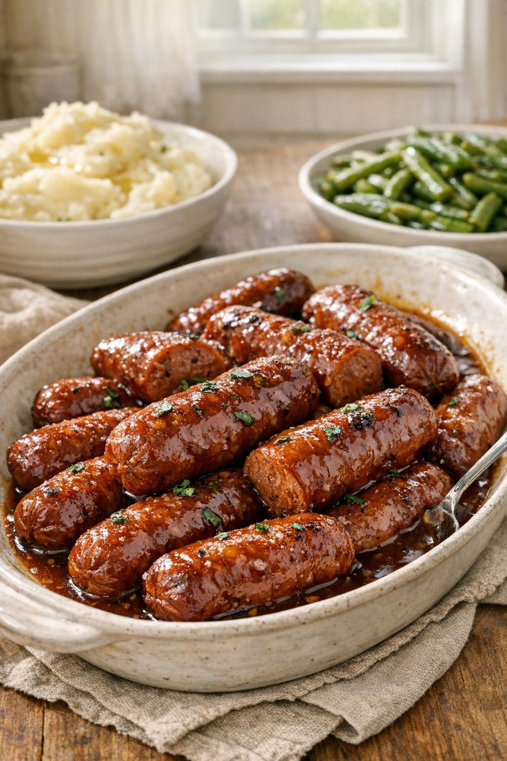 Finished smoked pork sausage links plated with sauce