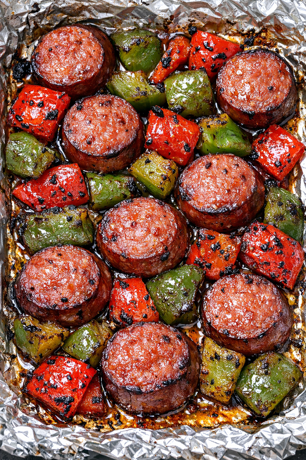 Low carb 3-ingredient sausage pepper bakes on a foil tray