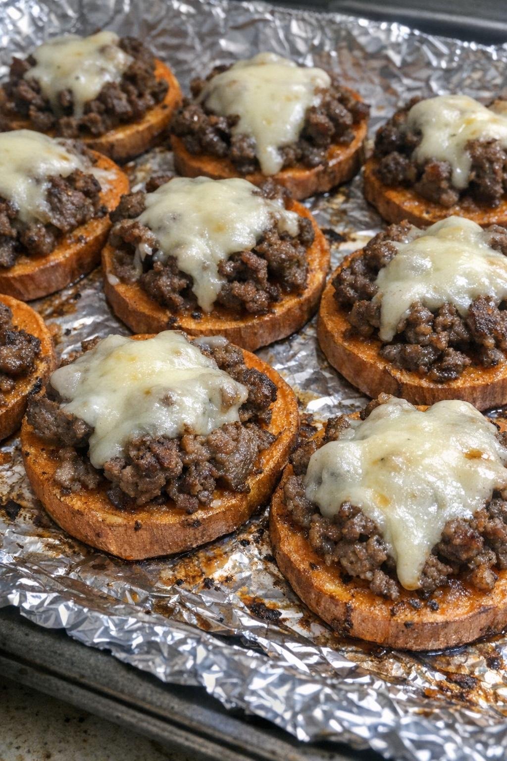 Oven baked beef sweet potato bites on a foil-lined baking sheet