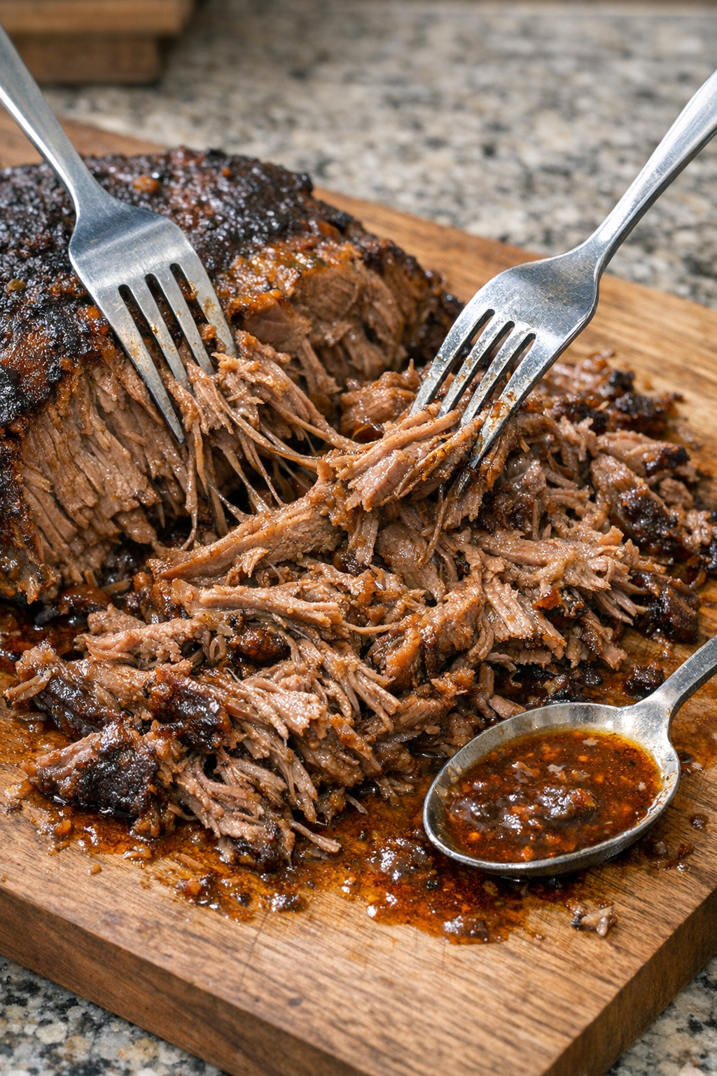 Cooked brisket being shredded with two forks