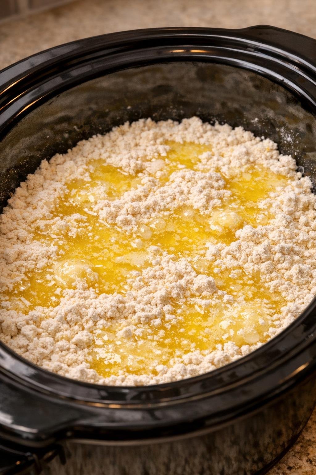 Gesmolten boter over het cakebeslag in de slowcooker gegoten.