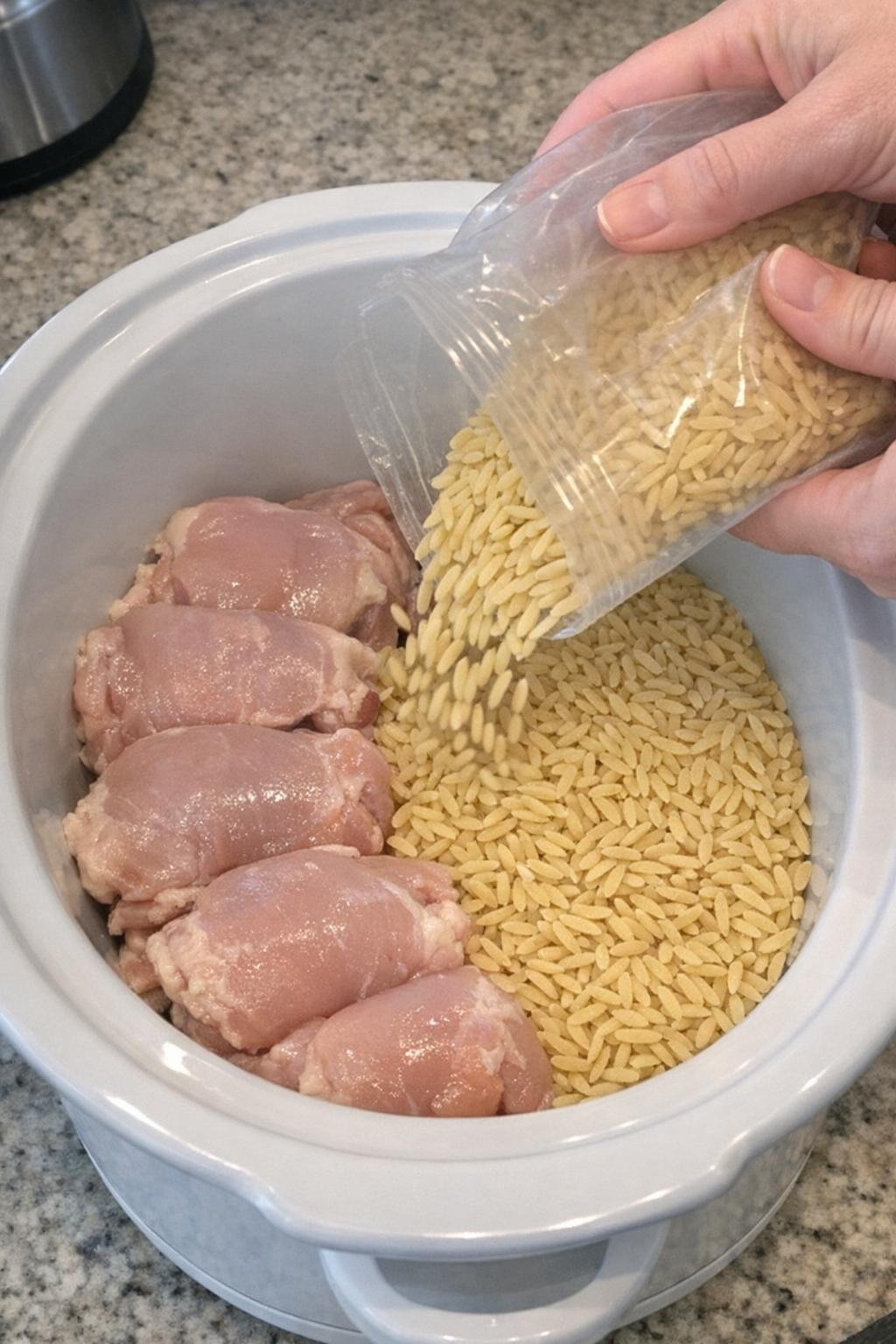 Hands pouring dry orzo into a slow cooker beside raw chicken thighs