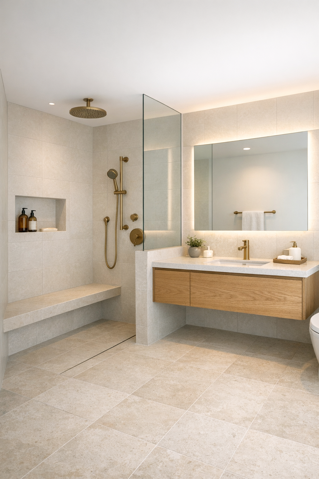 Minimal bathroom with curbless shower, limestone tile, and floating oak vanity