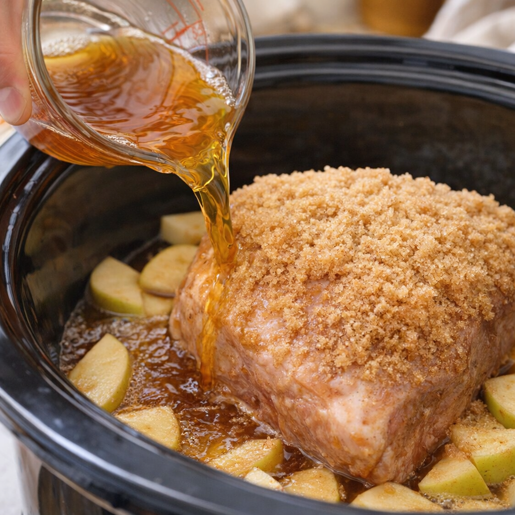Brown sugar and apple cider being added to pork roast