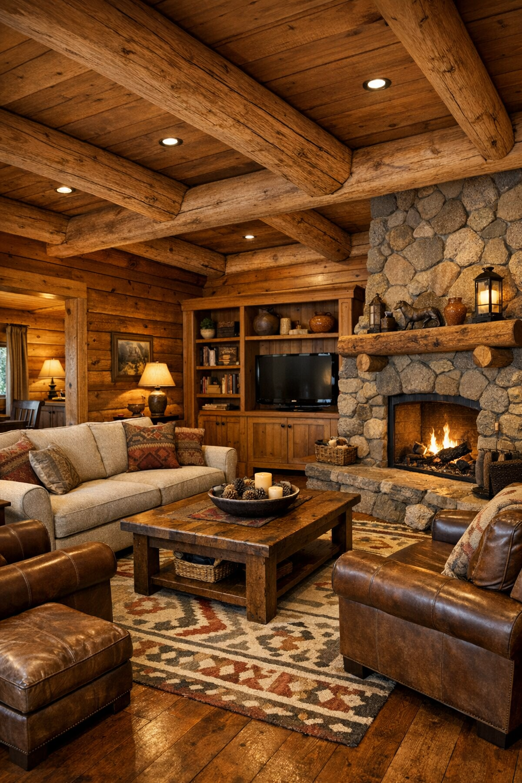 Warm cedar log living room with stone fireplace and handcrafted wood beams