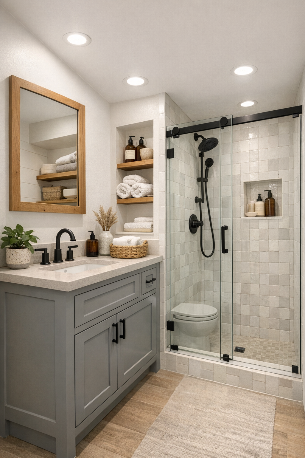 Compact elegant tiny home bathroom with wood vanity, clear glass shower, and soft tile finishes