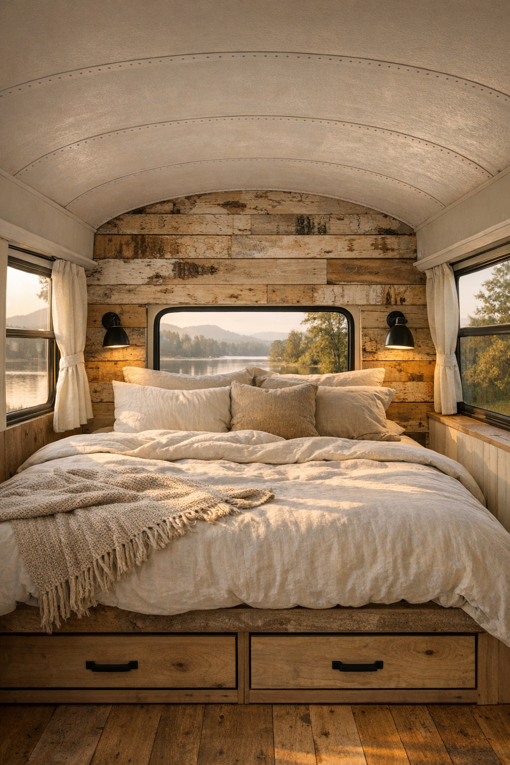 Cozy bus bedroom with built-in bed, birch paneling, and soft neutral bedding
