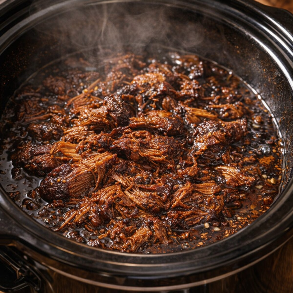 Cooked roast in dark bubbling sauce inside slow cooker