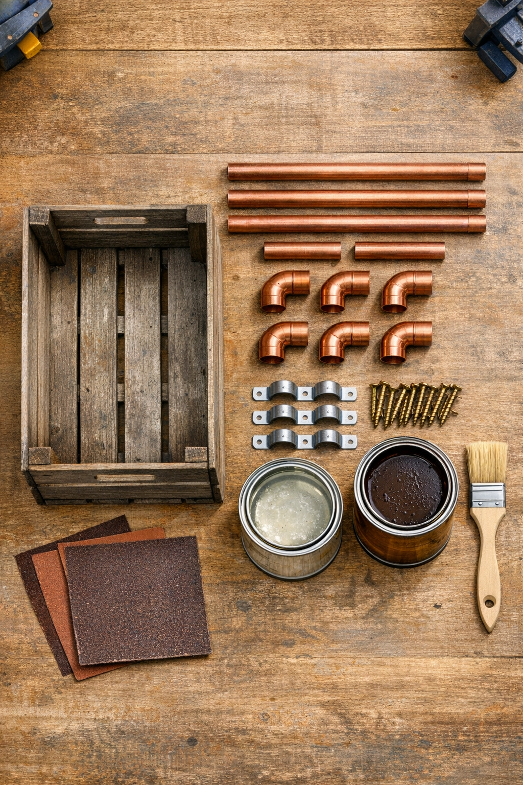 Materials laid out for a wooden crate and copper pipe poolside holder