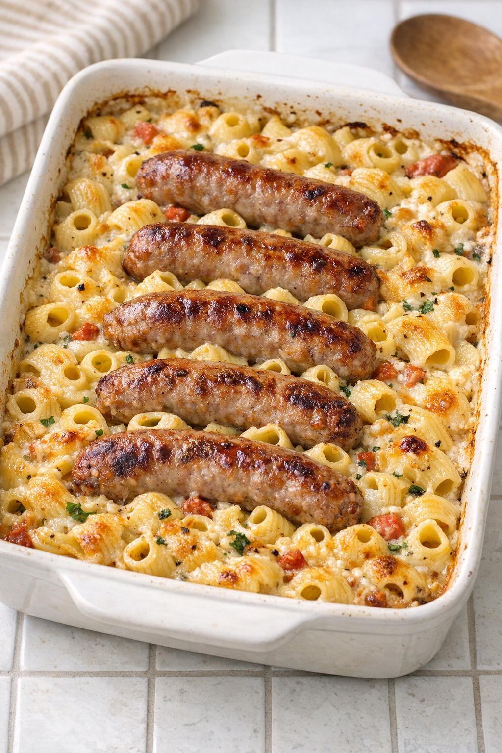 Finished baked mild sausage macaroni in a ceramic baking dish