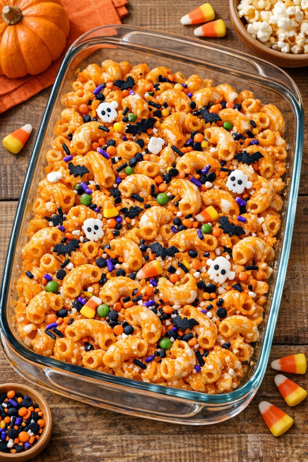 Finished sweet baked Halloween macaroni dessert